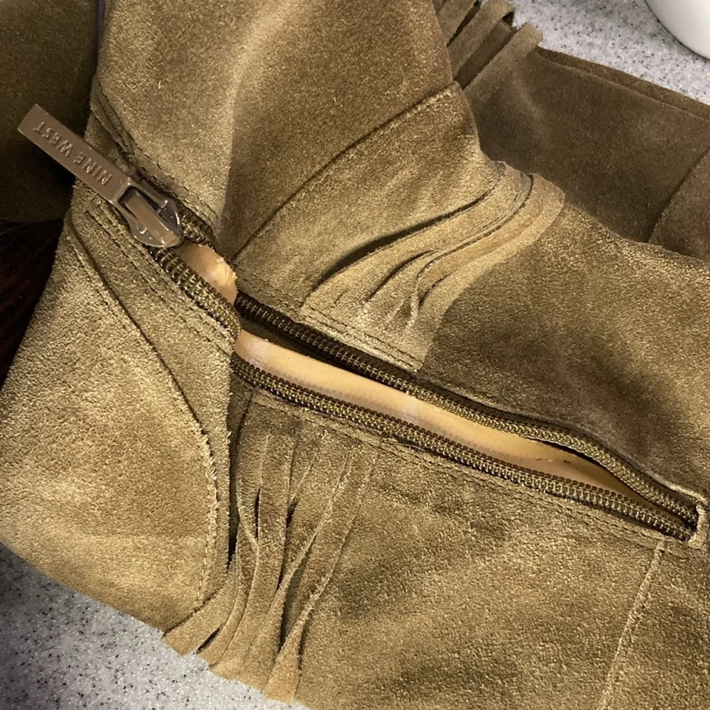 Dark olive/chocolate over the knee boots. With‎ fold over cuff. Size 7.5 B15